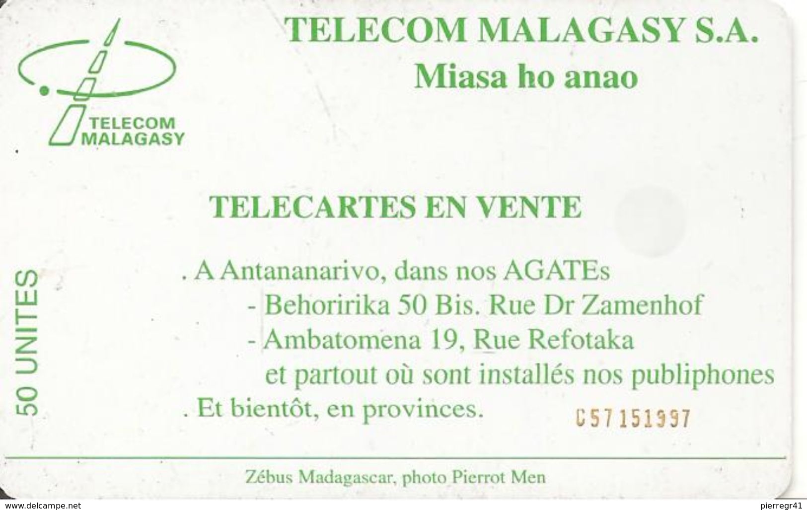 CARTE +PUCE-50U--SC7-MADAGACAR-ZEBUS-V° MIASA HO ANAO- Pt N° Rge C57151997 En Bas A Droite-TBE - Madagascar