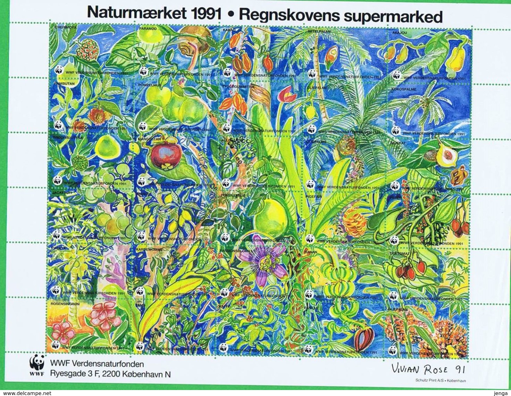 Denmark WWF 1991.  Sheet With 30 Labels; Rainforest Supermarket - Other & Unclassified