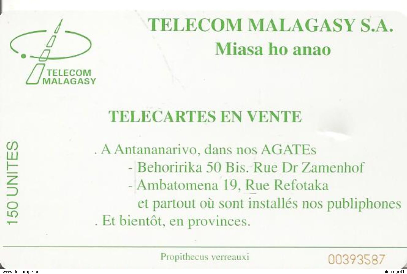 CARTE +PUCE-150U--SC7-MADAGASCAR-LEMURIENS-V° 8 GN° Rge 00393587 En Dessous Ligne En Bas UTILISE-TBE - Madagascar