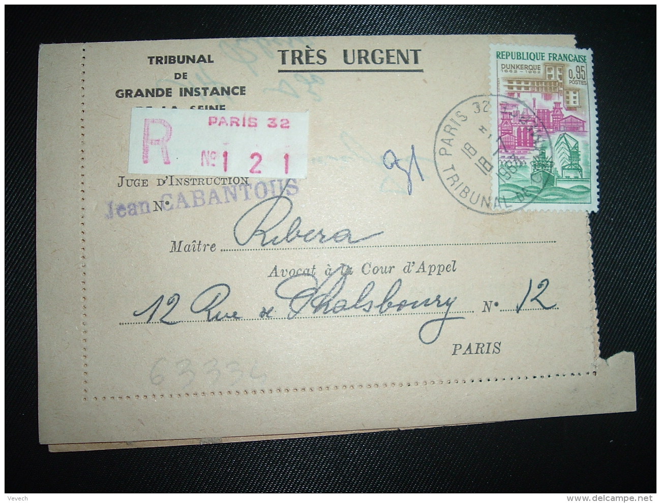LR (PLI) TP DUNKERQUE 0,95 OBL.18-7-1963 PARIS 32 - Tarifs Postaux