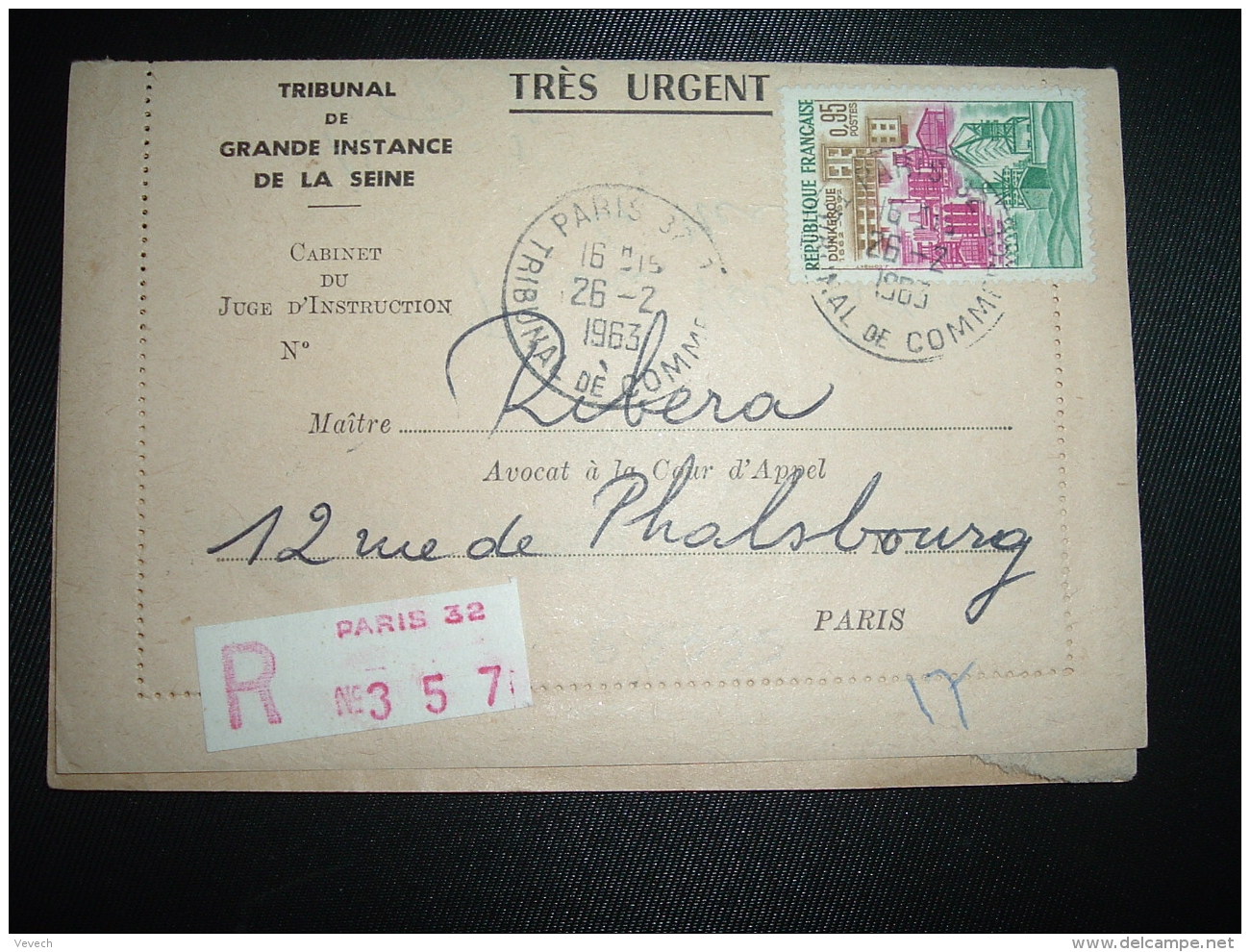 LR (PLI) TP DUNKERQUE 0,95 OBL.26-2-1963 PARIS 32 - Postal Rates