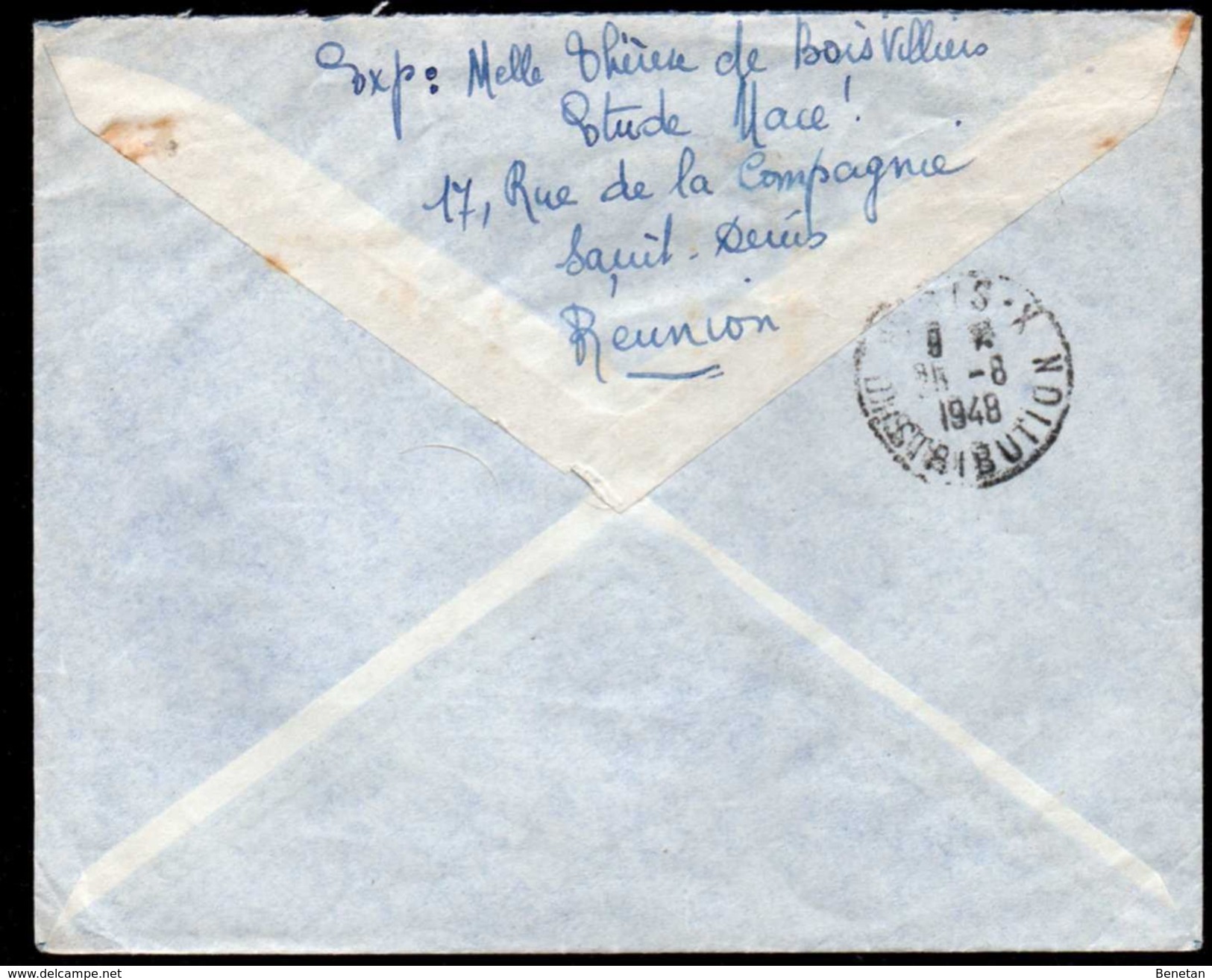 French Reunion To France Resent Registered Airmail Cover 1948 - Lettres & Documents