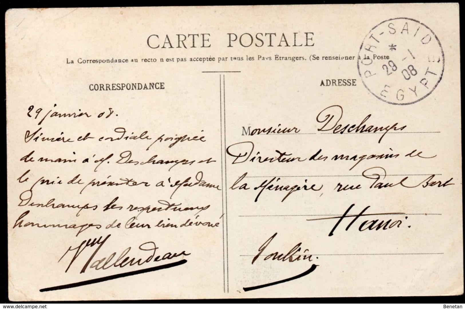 French Port Said To Tonkin, Hanoi Used Postcard 1908 - Covers & Documents