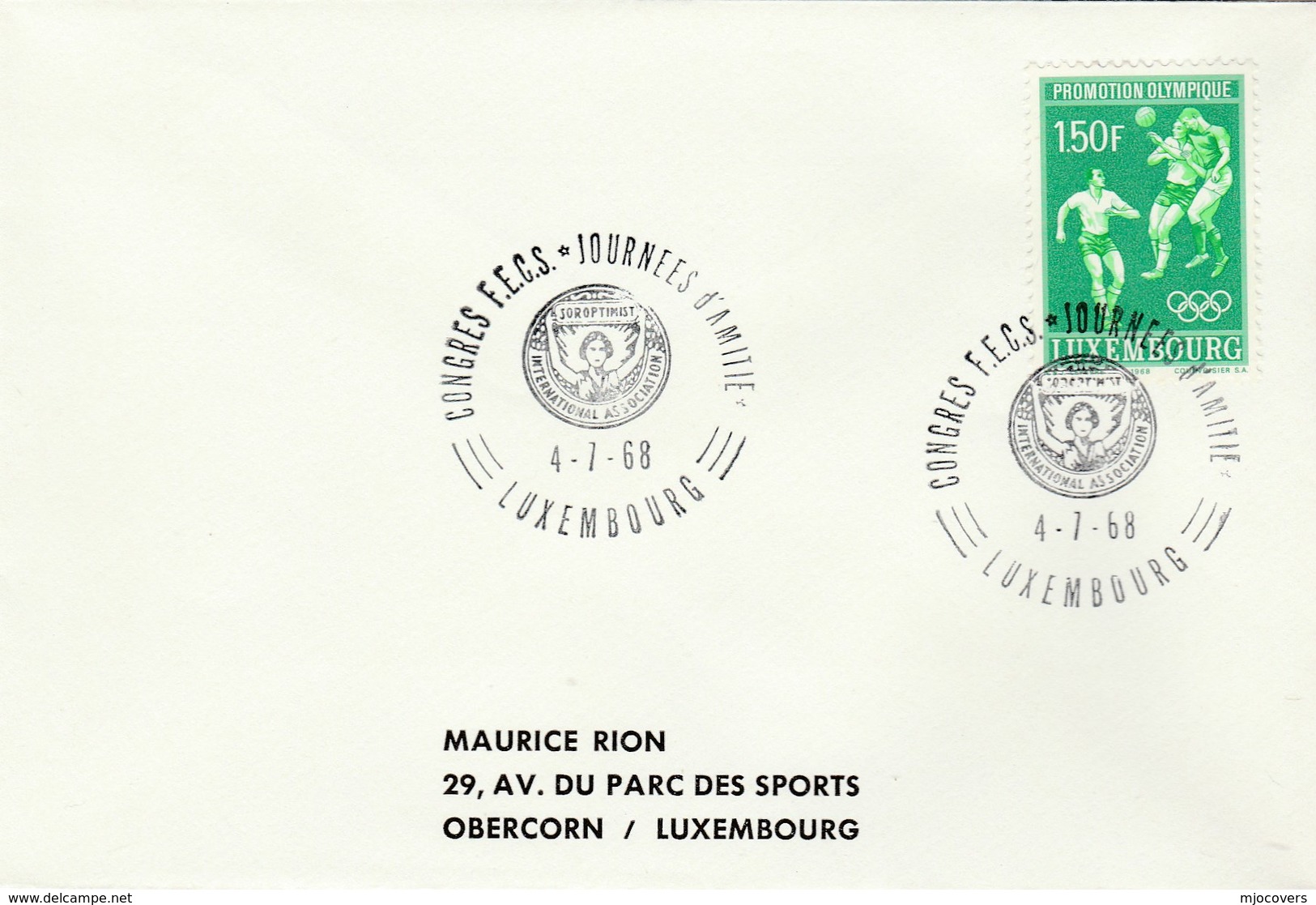 1968 SOROPTIMIST CONGRESS Event COVER LUXEMBOURG Stamps 1.50f OLYMPIC FOOTBALL Soccer Sport Olympics Games - Other & Unclassified