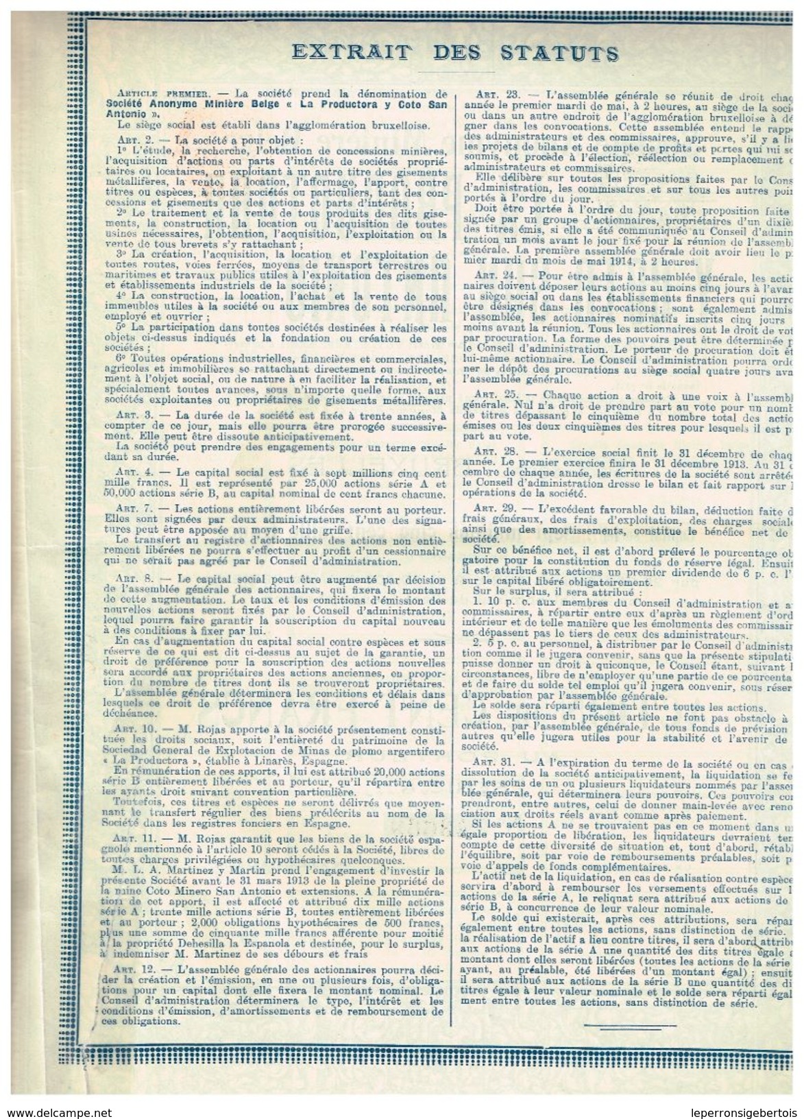 Action Ancienne - Minière Belge La Productora Y Coto San Antonio - Titre De 1913 - Miniere