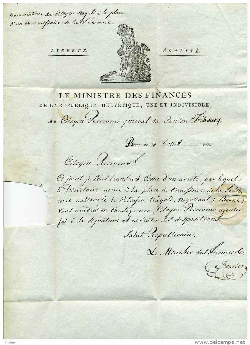 Révolution Française /  Lettre De La REPUBLIQUE HELVETIQUE - MINISTRE DES FINANCES  Hans Konrad Finsler / Bern  1799 - ...-1845 Precursores