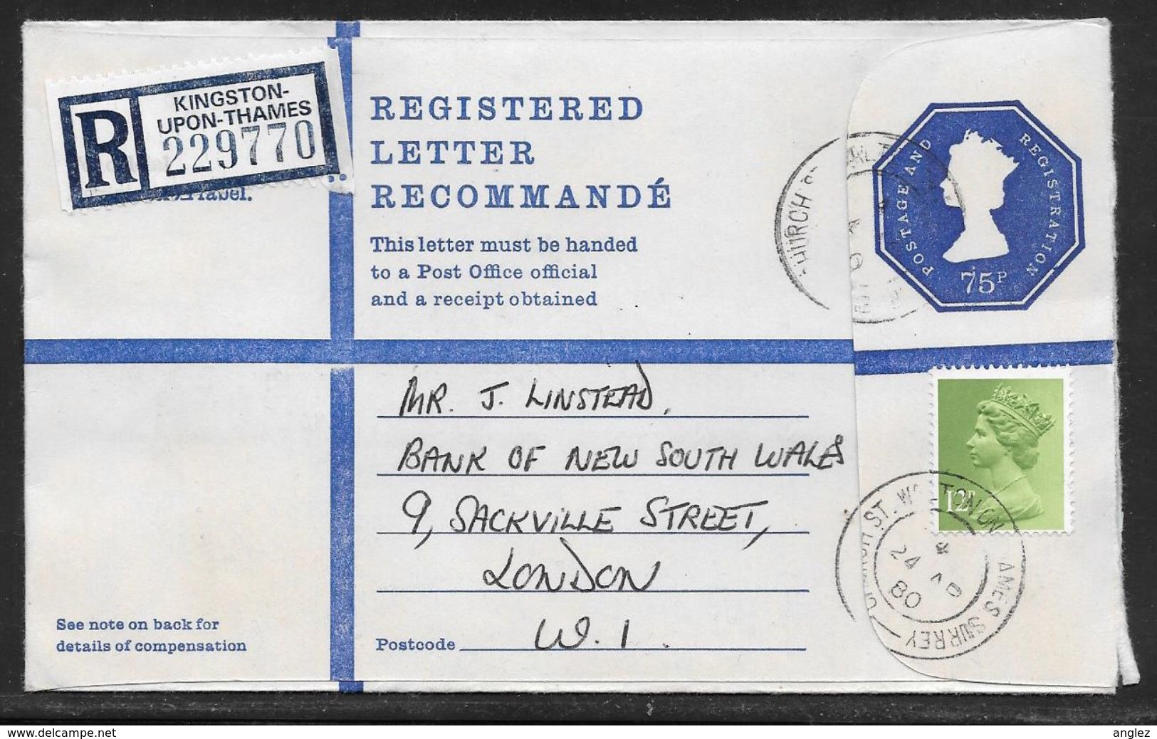 Great Britain - 75p Registered Stationery Envelope - G Size - Uprated 1980 - Entiers Postaux