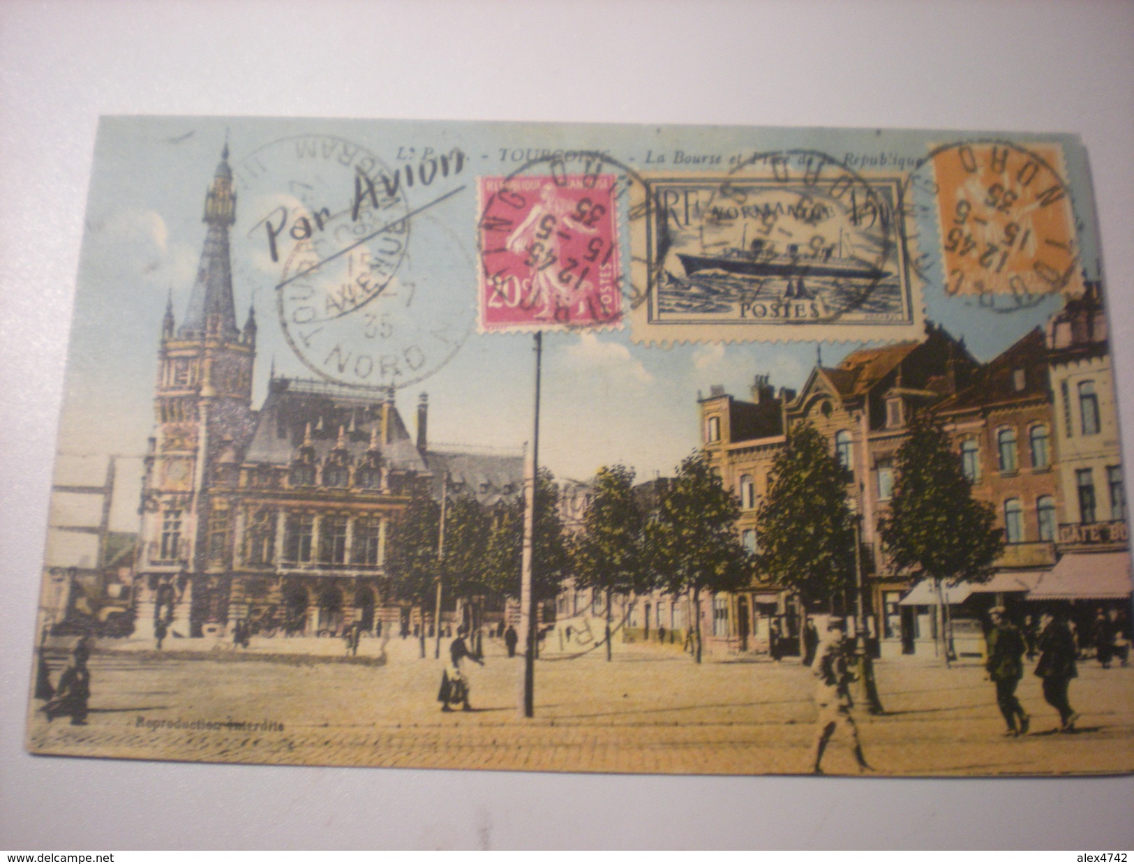 Tourcoing, La Bourse Et Place De La République, Par Avion, 1935, Timbres, Sté AIR BLEU (A4) - Tourcoing