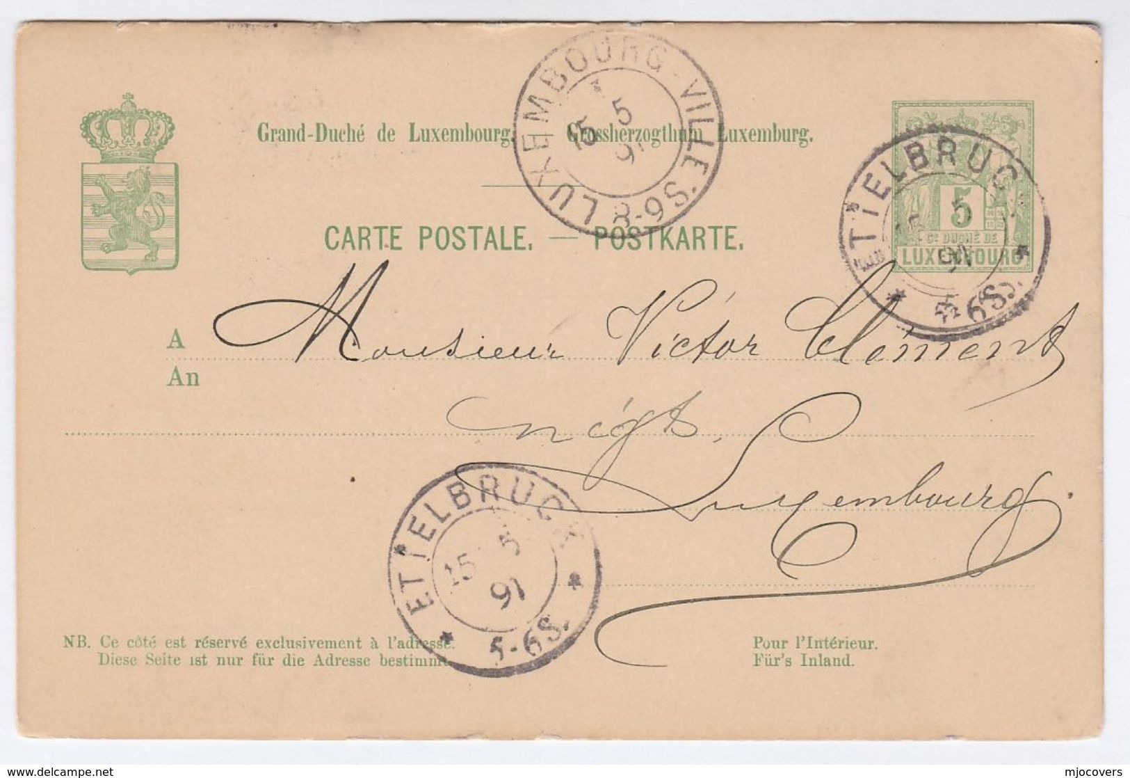 1891 Ettelbruck LUXEMBOURG  POSTAL STATIONERY CARD Cover Stamps - Stamped Stationery