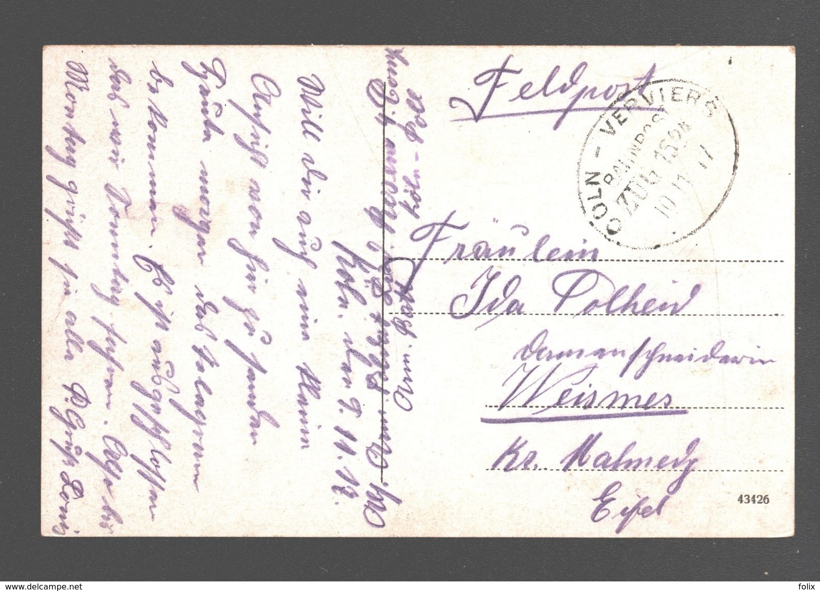 Köln - Rheinufer - Feldpost - Ovaler Stempel 'Bahnpost ZUG 1524' 1917 - Cachet Chemin De Fer / Railway - Koeln