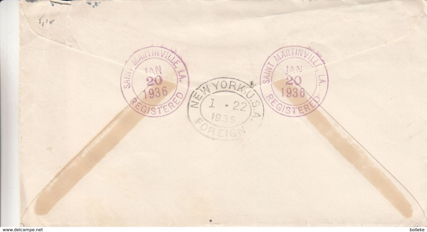 Etats Unis - Lettre Recom De 1936 - Oblit Muette De Saint Martinville - Exp Vers Arendonck-voir Griffe Avis De Réception - Lettres & Documents