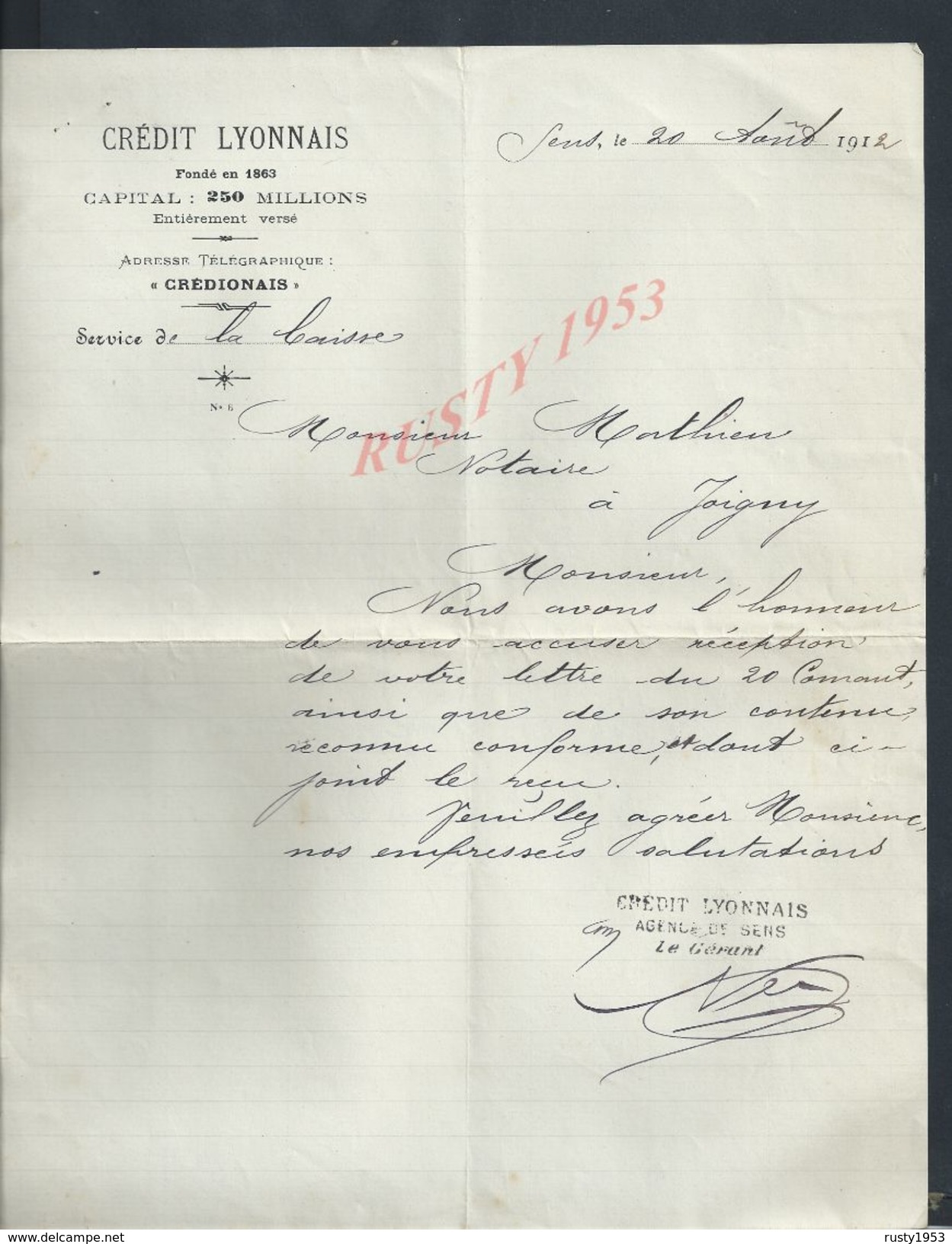 LETTRE DE BANQUE CREDIT LYONNAIS ECRITE DE SENS 1912 : - Banque & Assurance