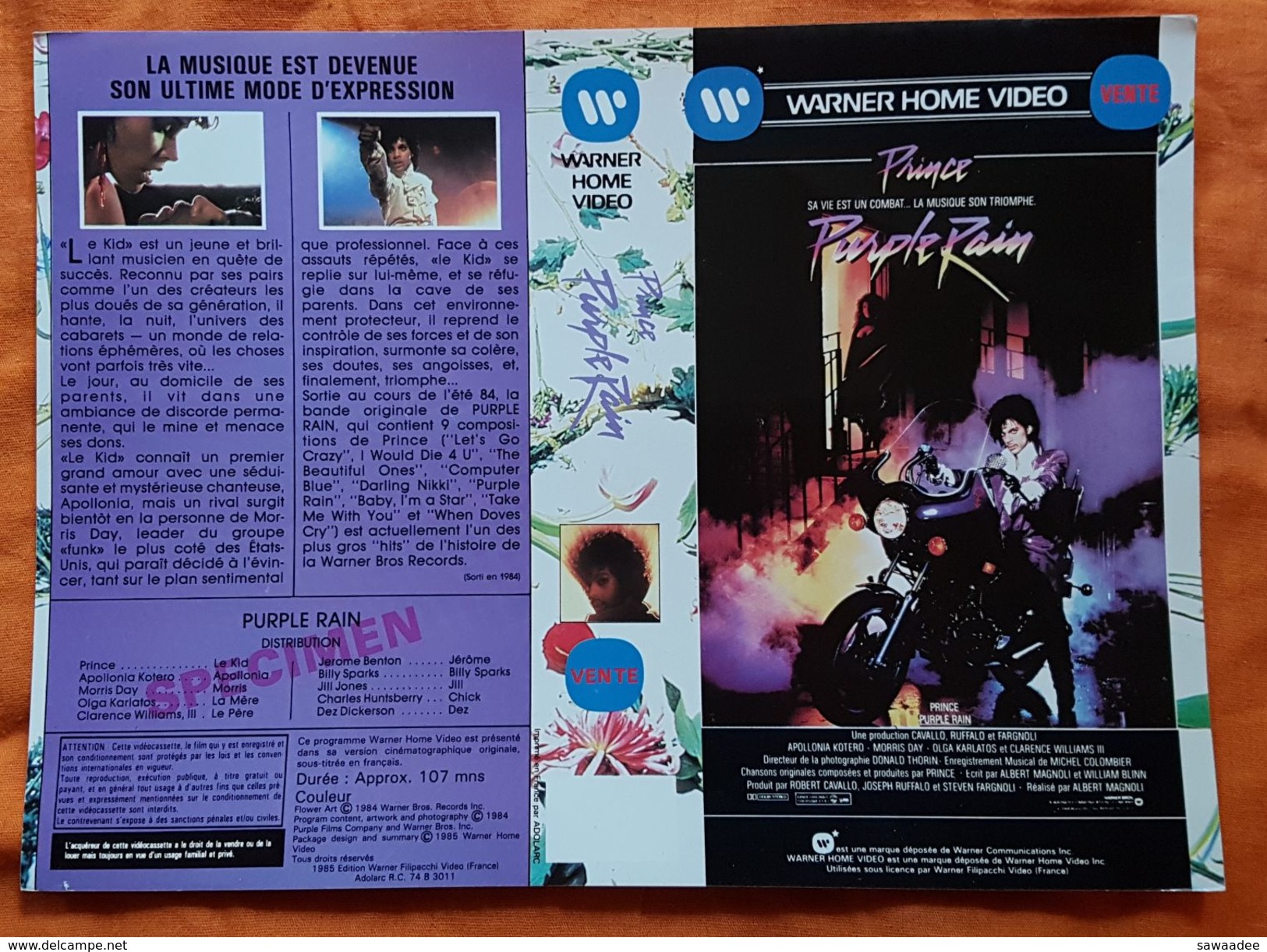 JAQUETTE - K7 VIDEO - SPECIMEN - PRINCE - PURPLE RAIN - MUSIQUE - 1985 - WARNER HOME BROS - Autres & Non Classés