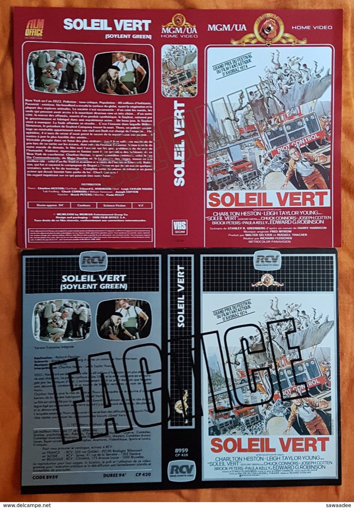 JAQUETTE - LOT DE 2 - VHS SECAM - SCIENCE FICTION - SOLEIL VERT - MGM/RCV - 1973/1986 - CHARLTON HESTON - Autres & Non Classés