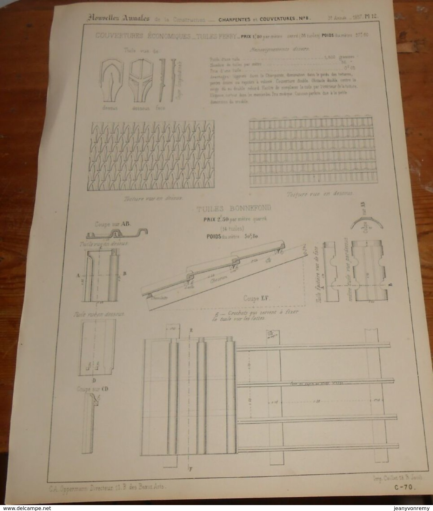 Plan De Couvertures économiques.Tuiles Ferry. 1857. - Public Works