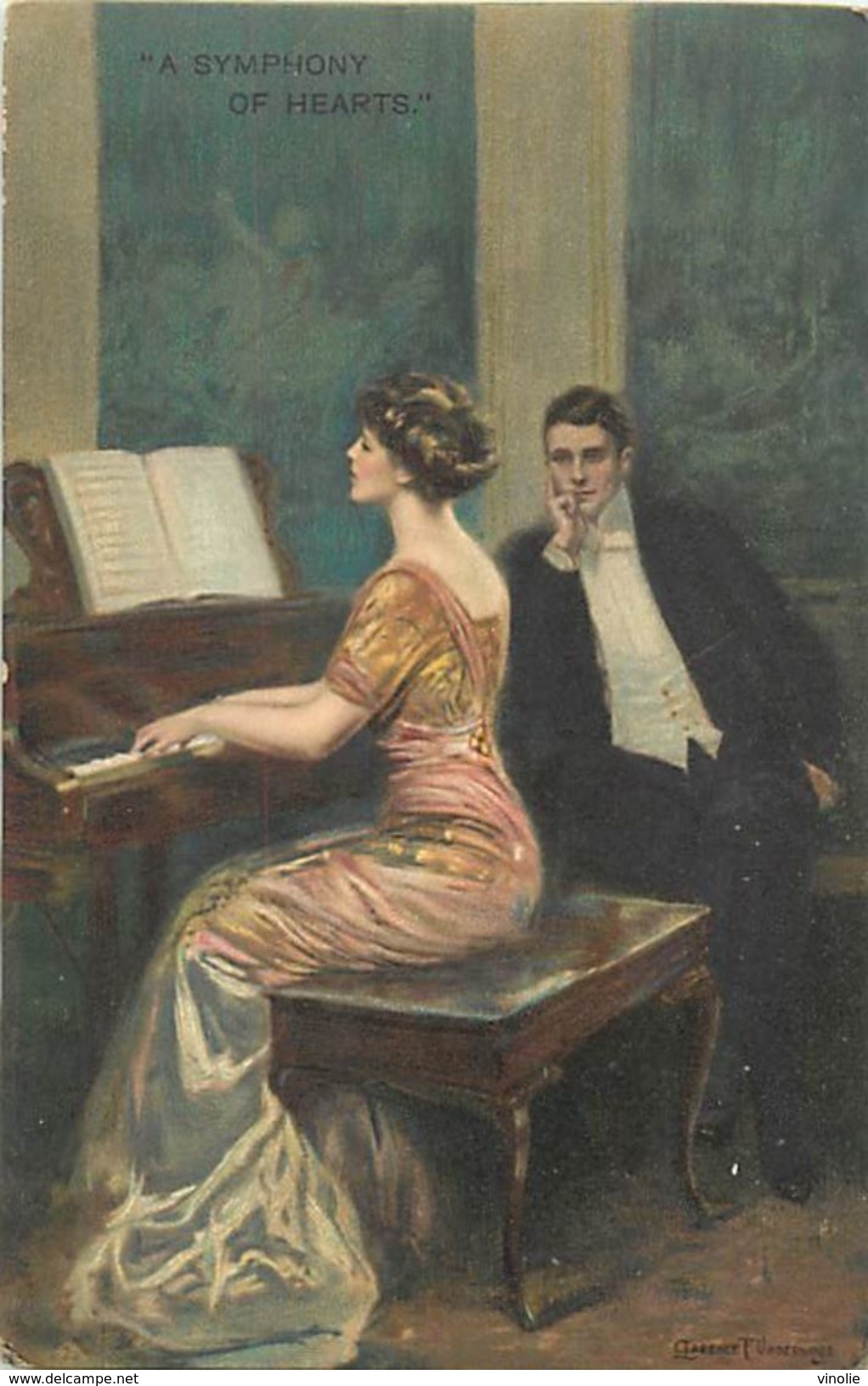 Réf : A-18 Pie Tre-225 : LA PIANISTE ET LE COURTISAN. A SYMPHONY OF HEARTS CARTE ILLUSTREE PAR CLARENCE FUNDERWOOD. - Musique Et Musiciens