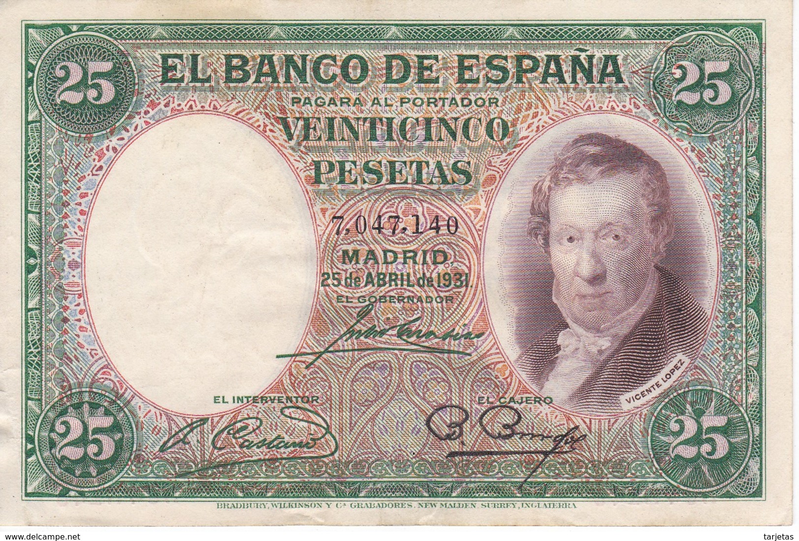 BILLETE DE ESPAÑA DE 25 PTAS DEL AÑO 1931 SIN SERIE EN CALIDAD MBC (VF) - 25 Pesetas