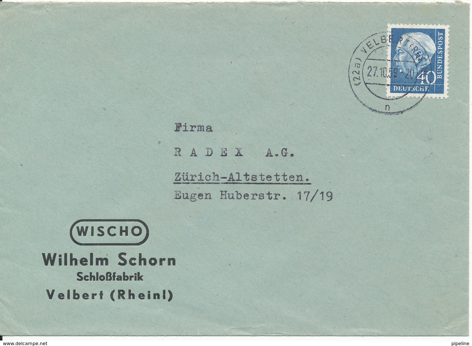 Germany Cover Velbert (Rheinl) 27-10-1959 Single Franked - Covers & Documents