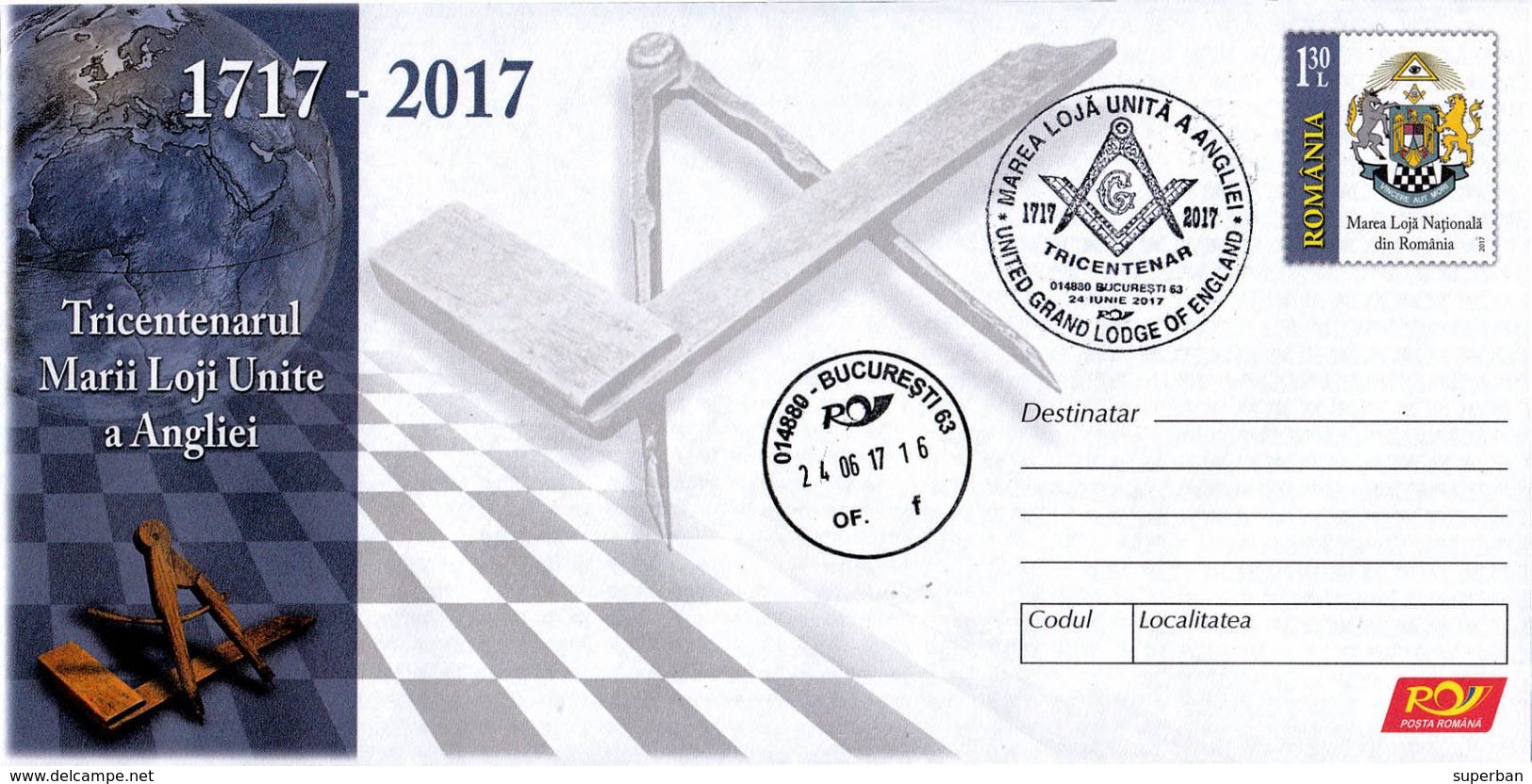 ROMANIA : MASONIC / FRANC MAÇONNERIE / FREE MASONRY : UNITED GRAND LODGE OF ENGLAND : 300 YEARS : 1717 - 2017 (w-680) - Franc-Maçonnerie