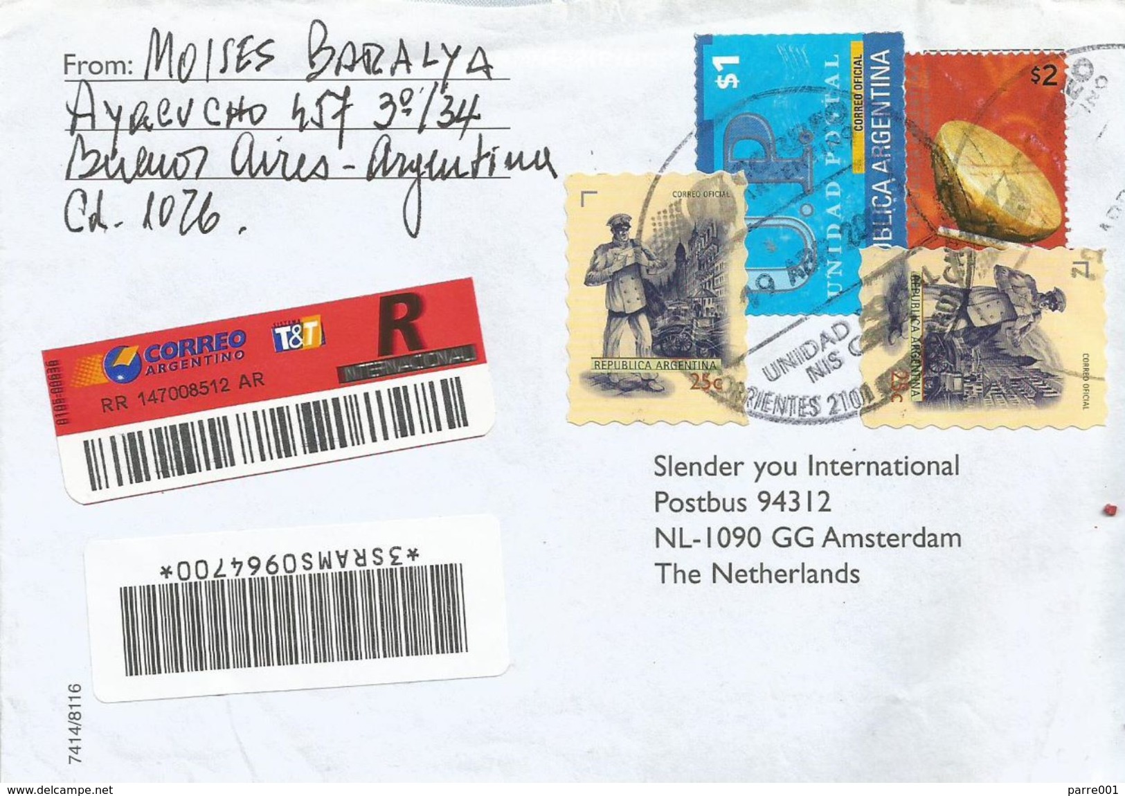 Argentina 2001 Corrientes UP Postal Carrier Self-adhesive Stamp Booklet Drum Barcoded Registered Cover - Lettres & Documents