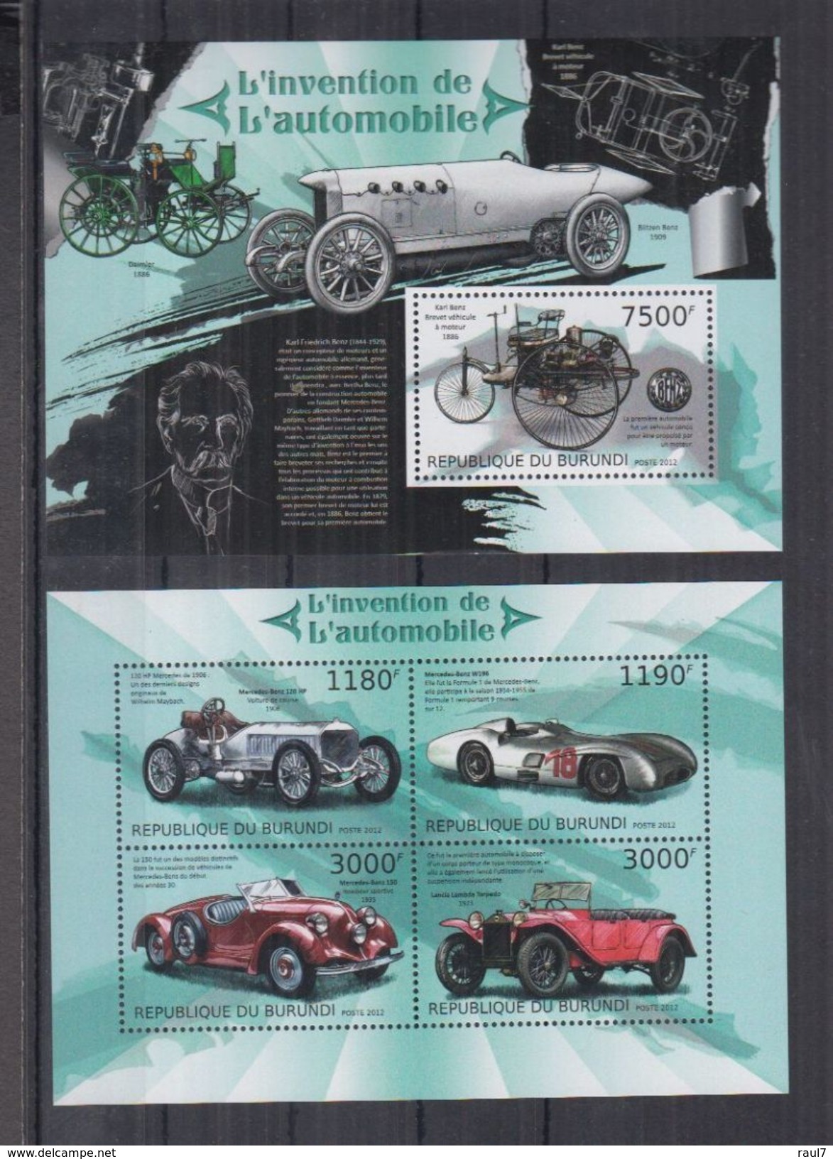 BURUNDI 2012 - Voitures Sport Mercedes 1886 à 1954 - Feuillet 4 Val + BF Neufs // Mnh // CV 36.00 Euros - Neufs