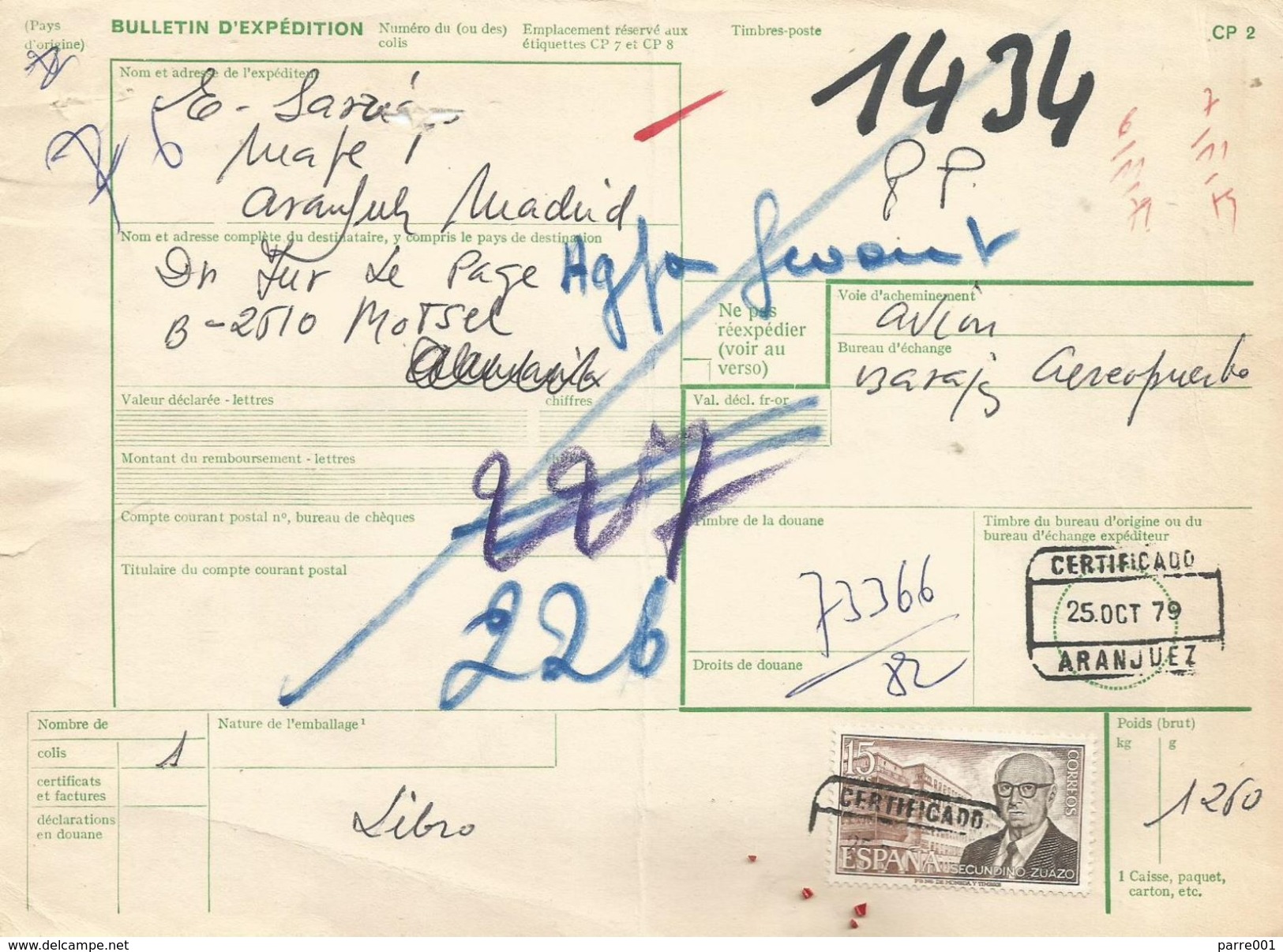 Belgium Spain 1979 Aranjuez Antwerp Customs Form Bulletin D'expedition - Postkantoorfolders
