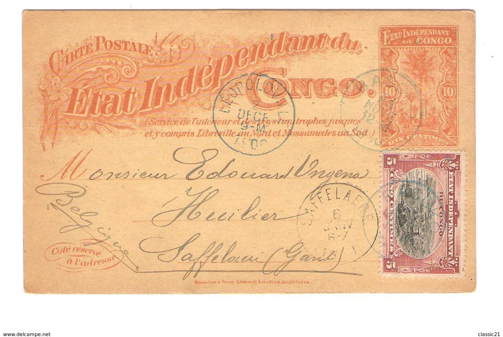 Etat Indépendant Du Congo Entier CP 10+TP 15 C.Basoko 23/11/1900 Via Léo.2/12/00  V.Saffelaere C.d'arrivée 1254 - Stamped Stationery