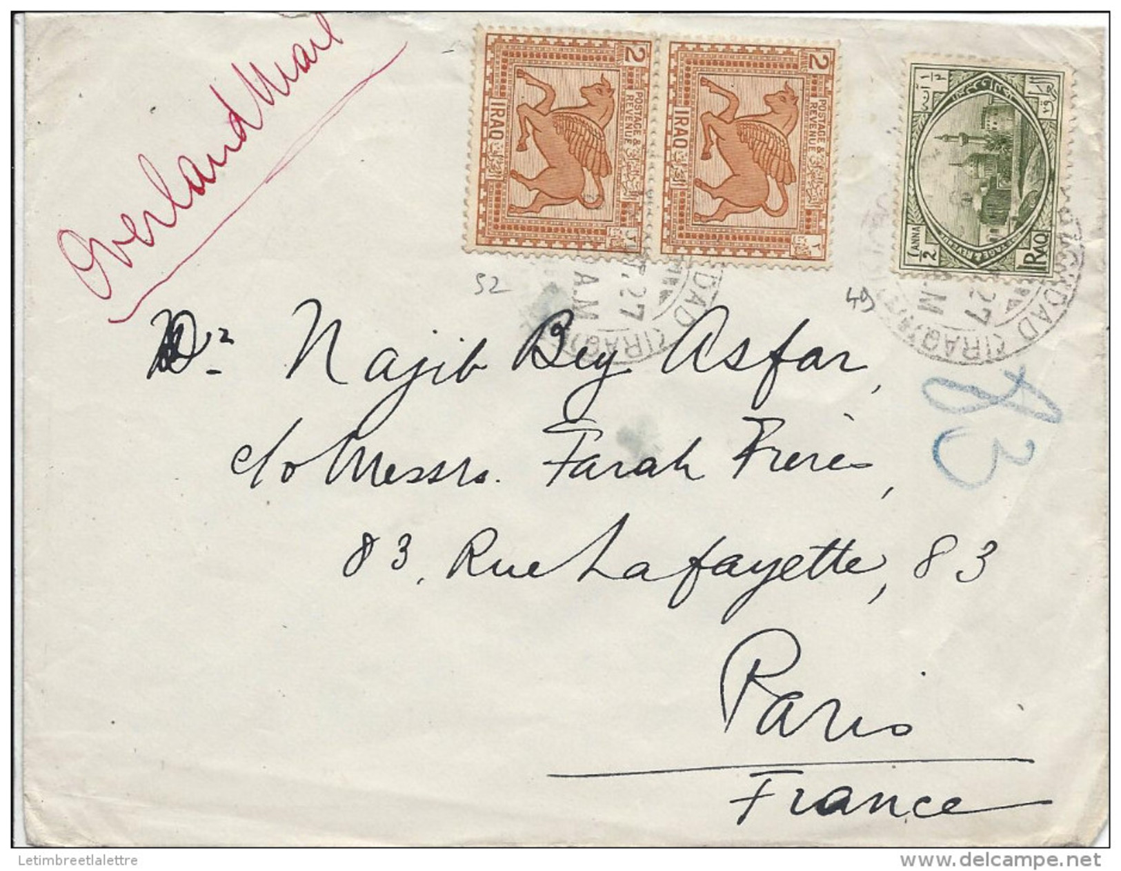 Irak N°49 + 52 En Paire Oblit Bagdad ( 1927 ) Sur Lettre Pour Paris Avec Mention Manuscrite Rouge '' Overland Mail " - Iraq