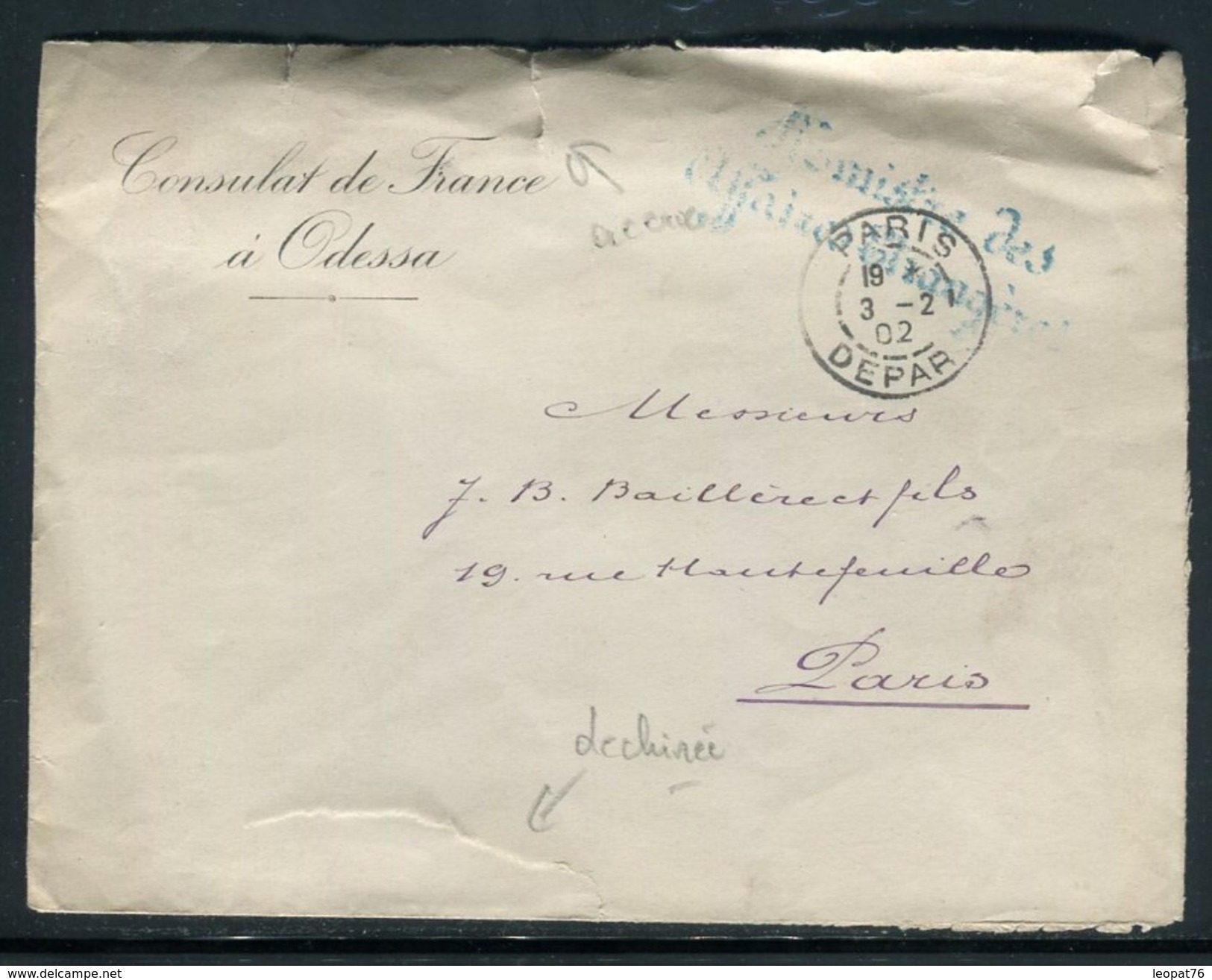 France - Enveloppe Du Consulat De France à Odessa Pour Paris En 1902 , Par Valise Diplomatique - Ref J21 - 1877-1920: Semi Modern Period