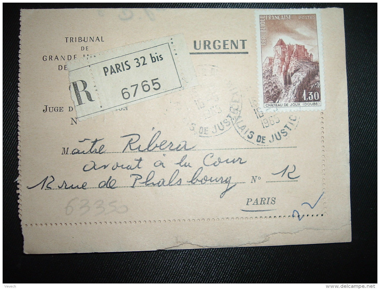 LR (PLI) TP CHATEAUX DE JOUX 1,30 OBL.16-5-1965 PARIS 32 BIS - Tarifs Postaux