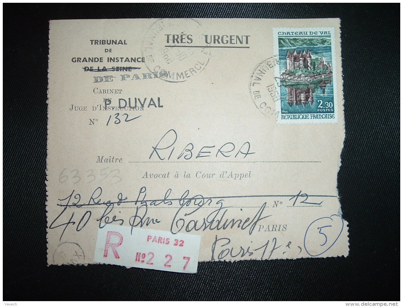 LR (PLI) TP CHATEAU DE VAL 2,30 OBL.25-10-1968 PARIS 32 - Postal Rates