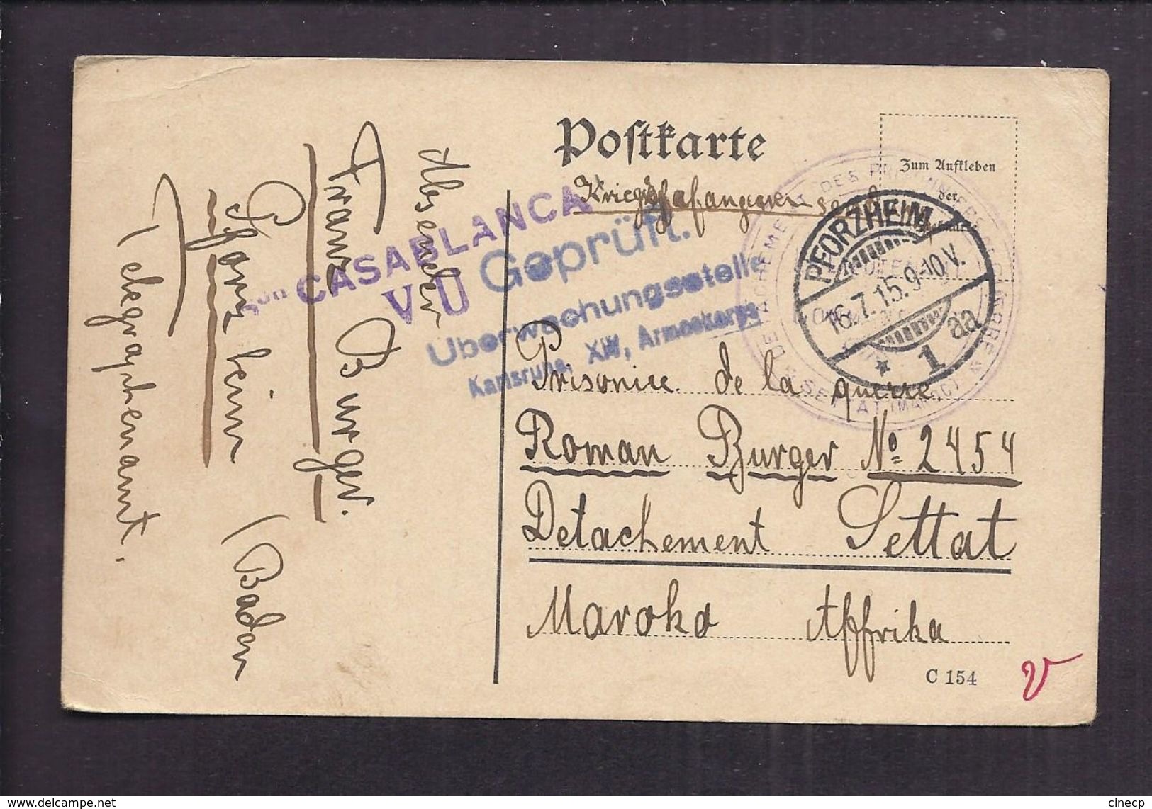 CPA MILITAIRE 1915 Détachement De Prisonnier De Guerre Allemand Camp De SETTAT PFORZHEIM Vers MAROC CENSURE MILITAIRE - Lettres & Documents