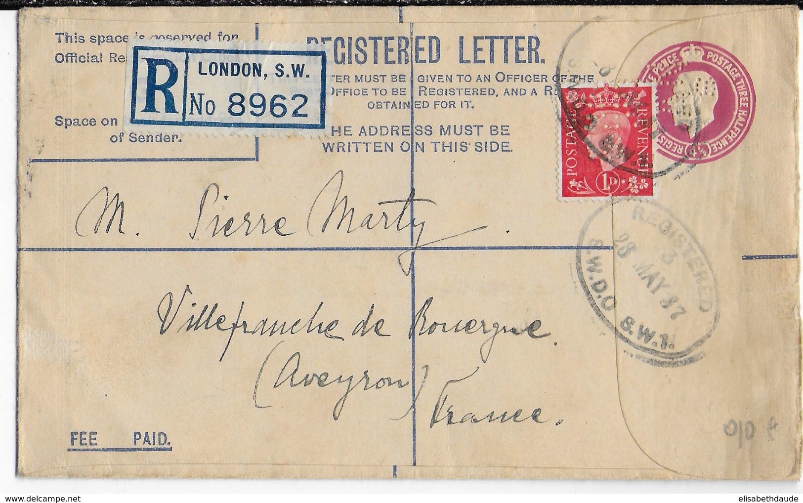 GB - 1937 - ENVELOPPE ENTIER PERFORE (PERFIN) RARE ! RECOMMANDEE De LONDON => VILLEFRANCHE DE ROUERGUE (AVEYRON) - Perfins