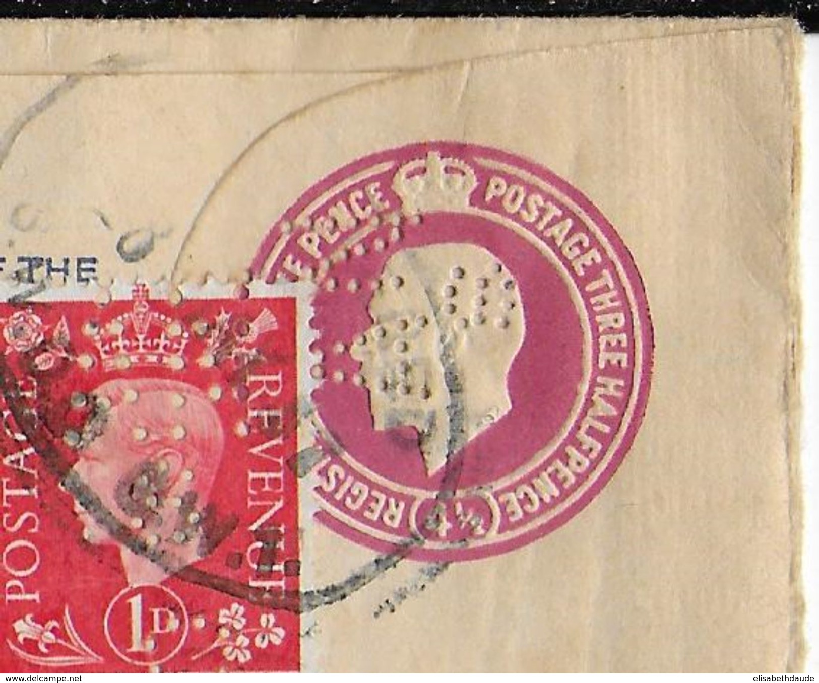 GB - 1937 - ENVELOPPE ENTIER PERFORE (PERFIN) RARE ! RECOMMANDEE De LONDON => VILLEFRANCHE DE ROUERGUE (AVEYRON) - Perfins