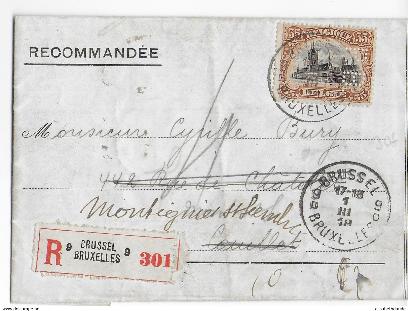 BELGIQUE - 1919 - PERFORE (PERFIN) "PB" Sur LETTRE RECOMMANDEE De BRUXELLES => COUILLET => MONTIGNIES SUR SAMBRE - 1909-34