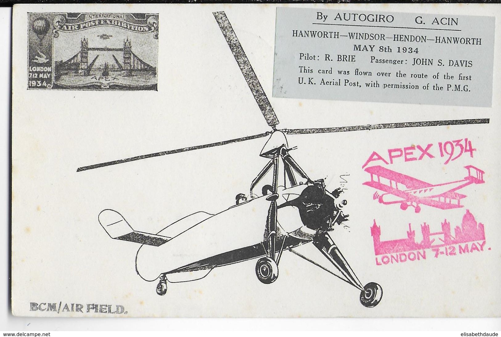 1934 - GB - EXPOSITION POSTE AERIENNE - VOL AUTOGIRE (HELICOPTERE) - CARTE PUBLICITAIRE De LONDON - Lettres & Documents