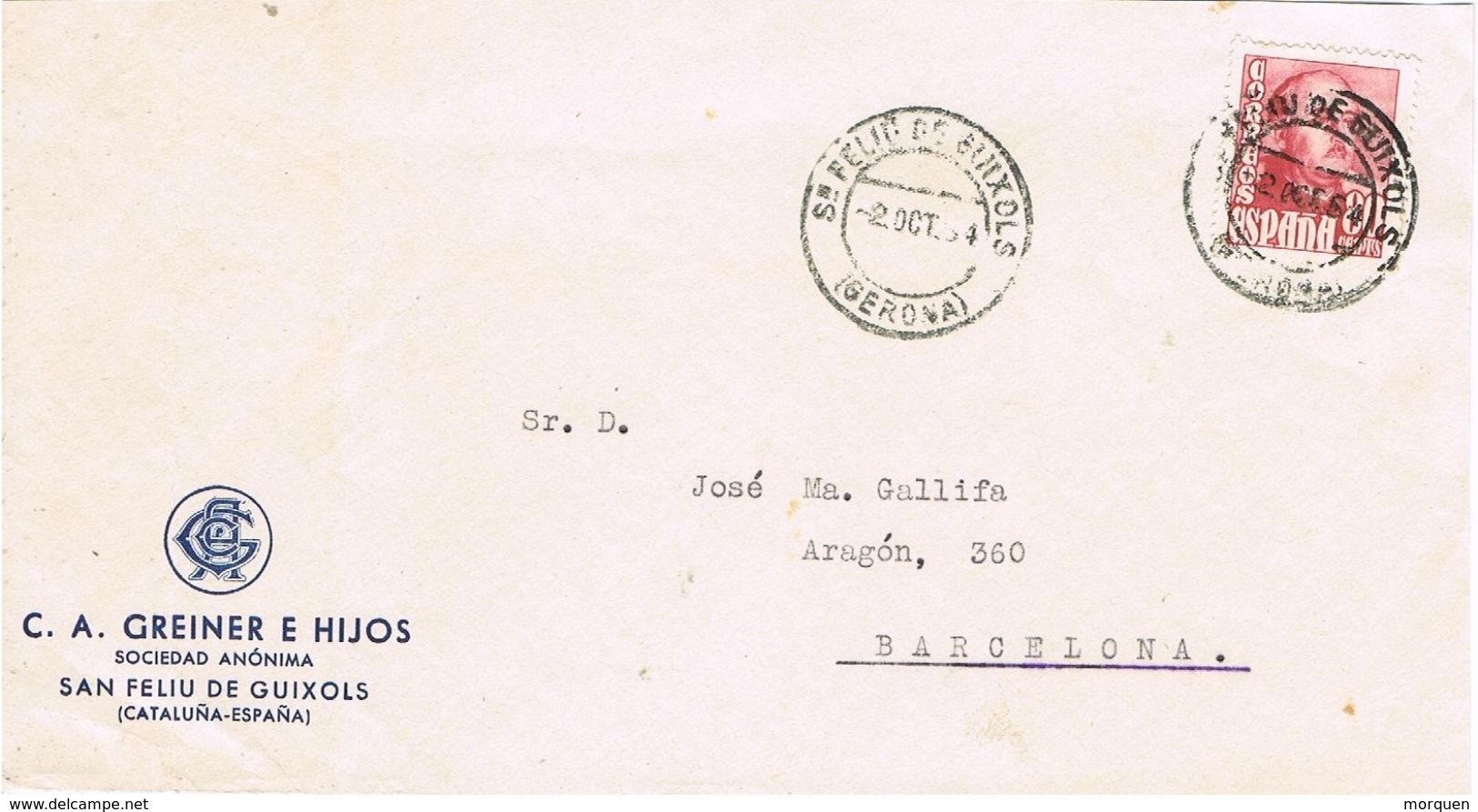 26828. Frontal Comercial SAN FELIU De GUIXOLS (Gerona) 1954 - Lettres & Documents