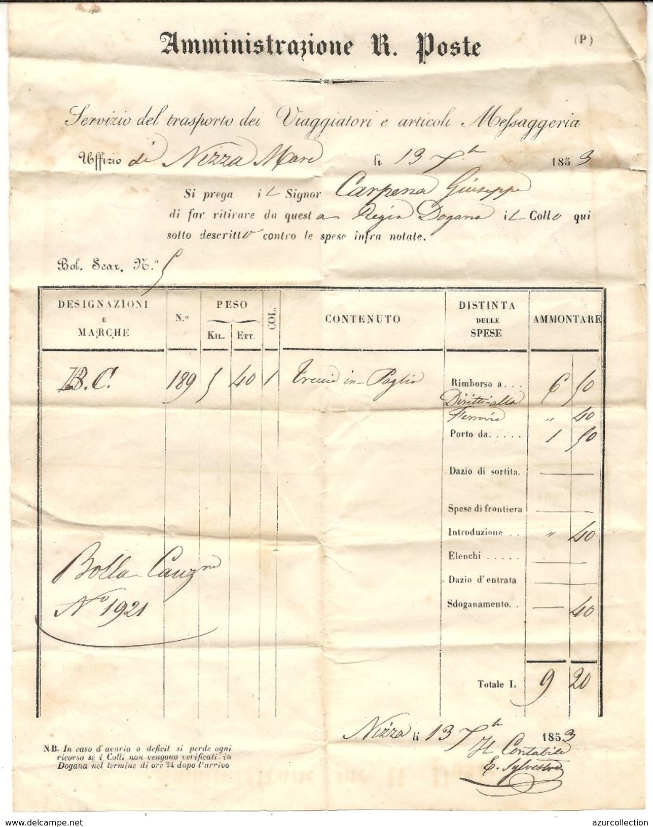 COMTE DE NICE . SERVICE DE TRANSPORT VOYAGEURS . POSTE . 1853 - Documents Historiques