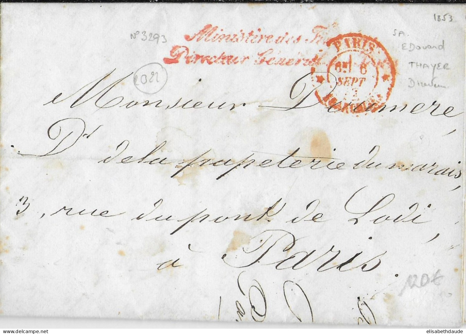 1853 - LETTRE AUTOGRAPHE Du DIRECTEUR Des POSTES De PARIS - PERTE De VALEURS - Burgerlijke Brieven Zonder Portkosten