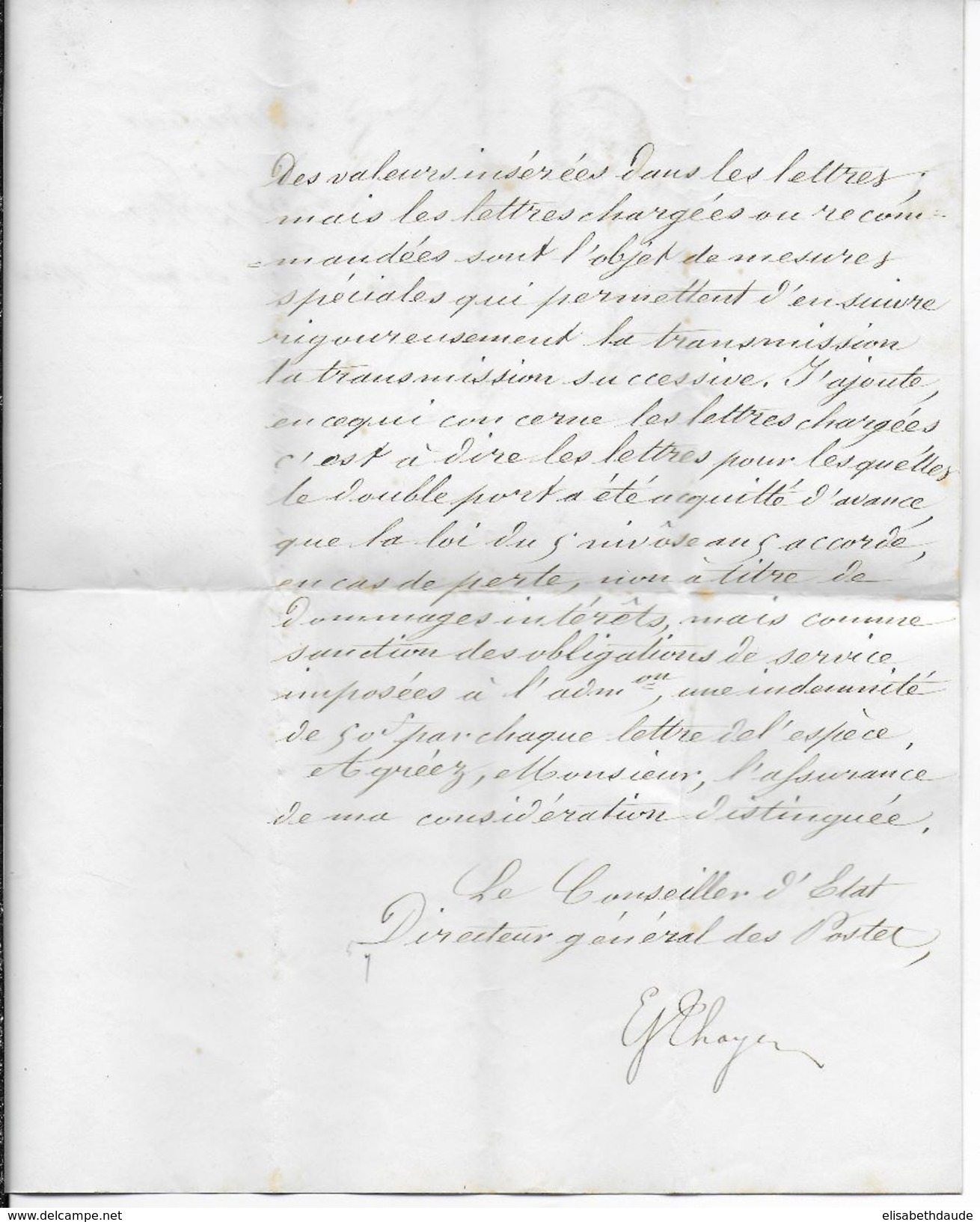 1853 - LETTRE AUTOGRAPHE Du DIRECTEUR Des POSTES De PARIS - PERTE De VALEURS - Frankobriefe