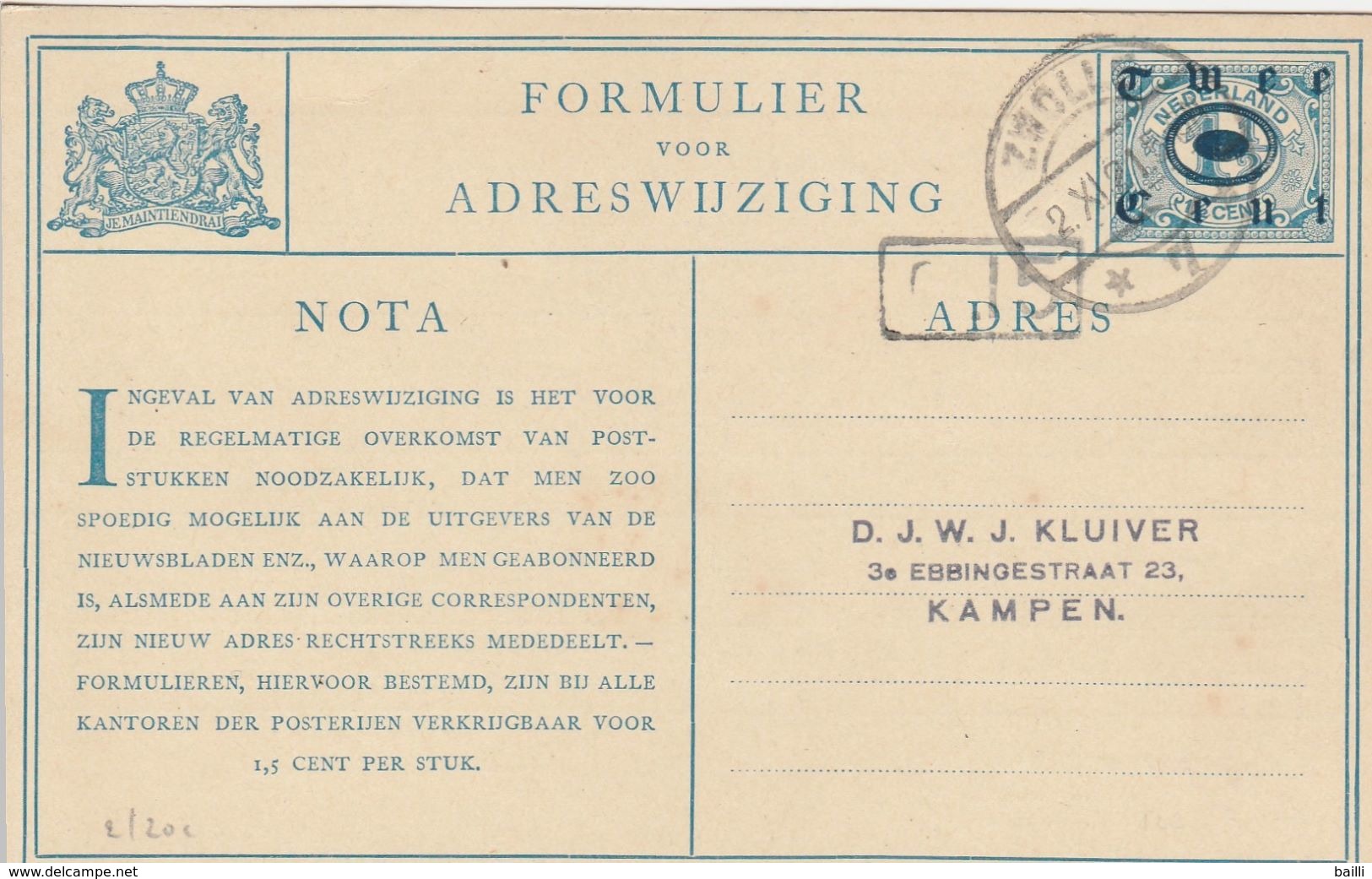 Pays Bas Entier Postal 1921 - Postal Stationery
