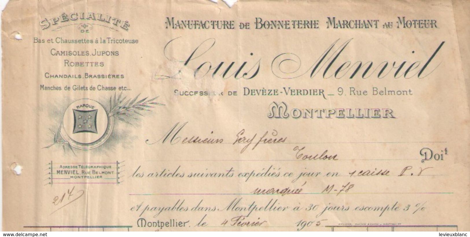 Facture Ancienne/Manufacture De Bonneterie Marchant Au Moteur/Louis MENVIEL/MONTPELLIER/Rue Belmont/1905      FACT254 - Kleding & Textiel