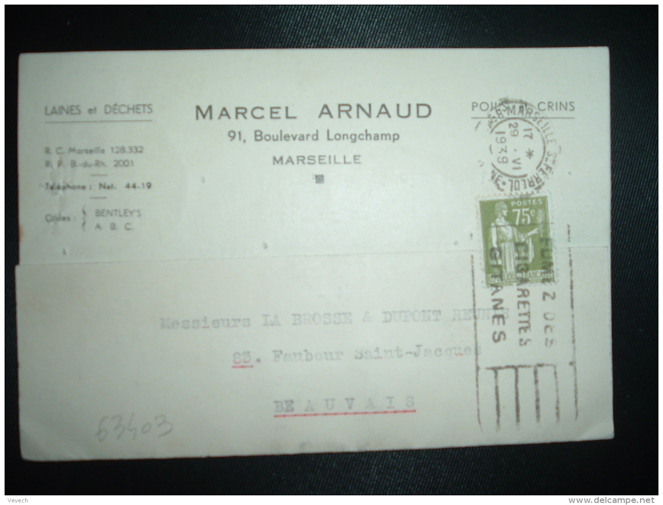 CP TP PAIX 75c OBL.MEC.19 VI 1939 MARSEILLE ST FERREOL (13) MARCEL ARNAUD LAINES Et DECHETS - Autres & Non Classés