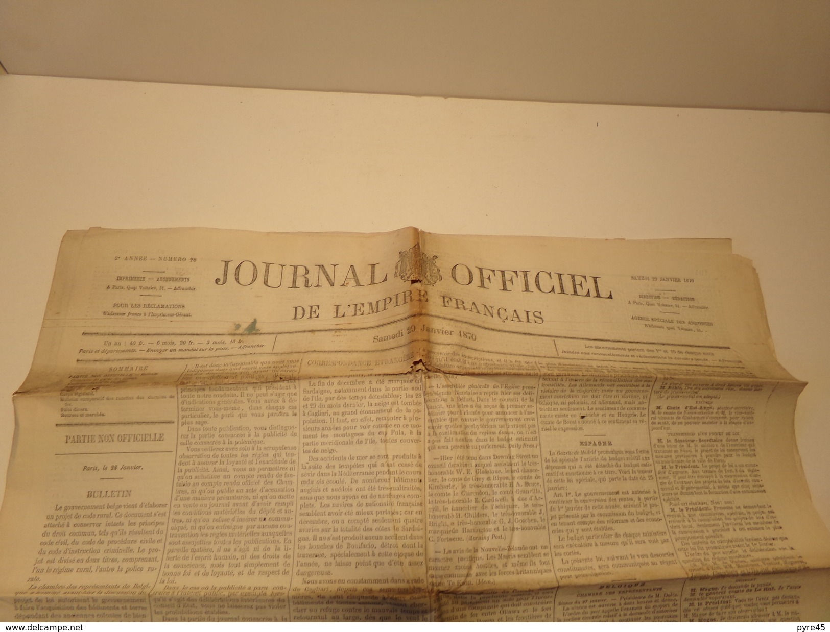 Journal Officiel De L'empire Français N° 28 Du Samedi 29 Janvier 1870 Avec Supplément ( 100 Gr ) - 1850 - 1899