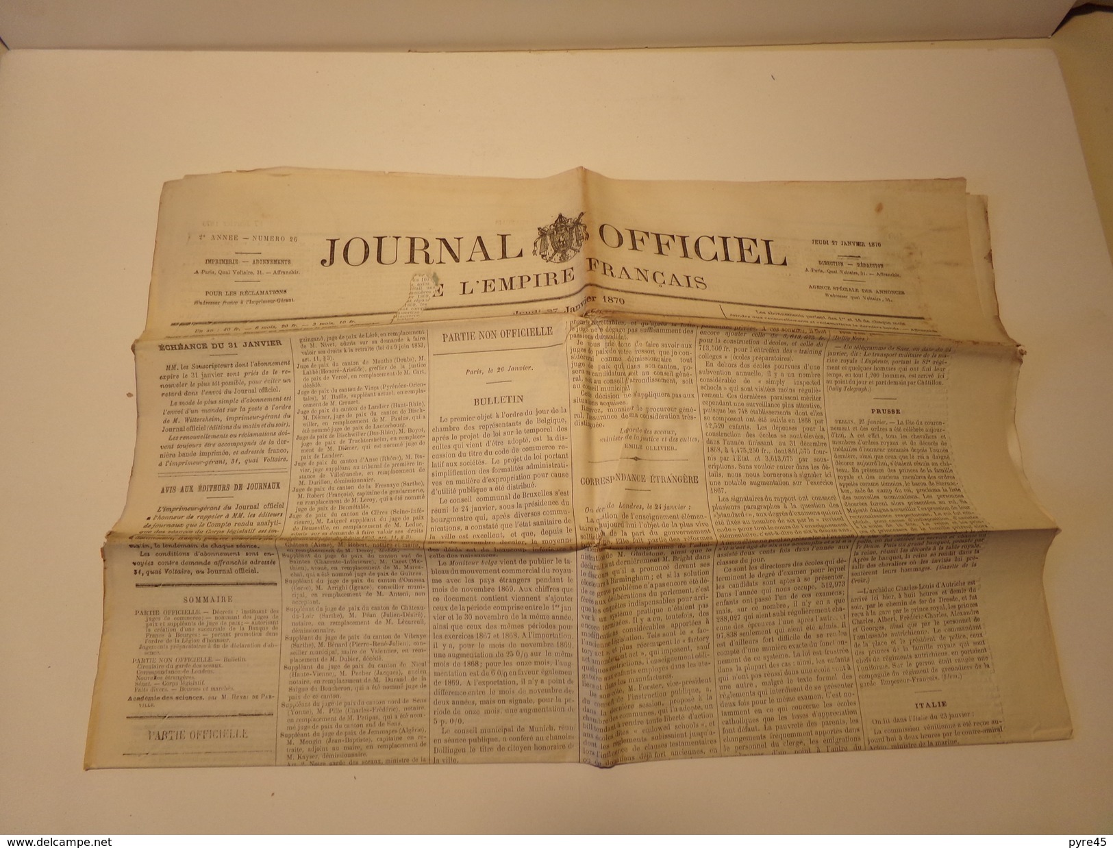 Journal Officiel De L'empire Français N° 26 Du Jeudi 27 Janvier 1870 ( 60 Gr ) - 1850 - 1899