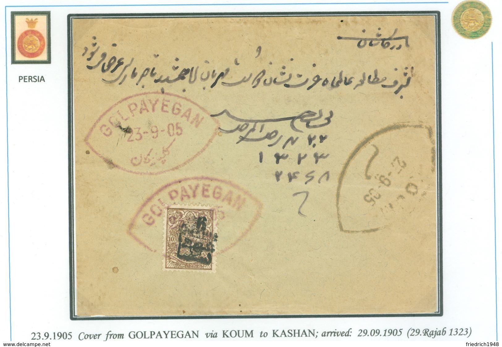 PERSIA - IRAN; Cover Sent From GOLPAYEGAN Via KOUM To KASHAN;  Red Postmark !!!!!!! - Iran