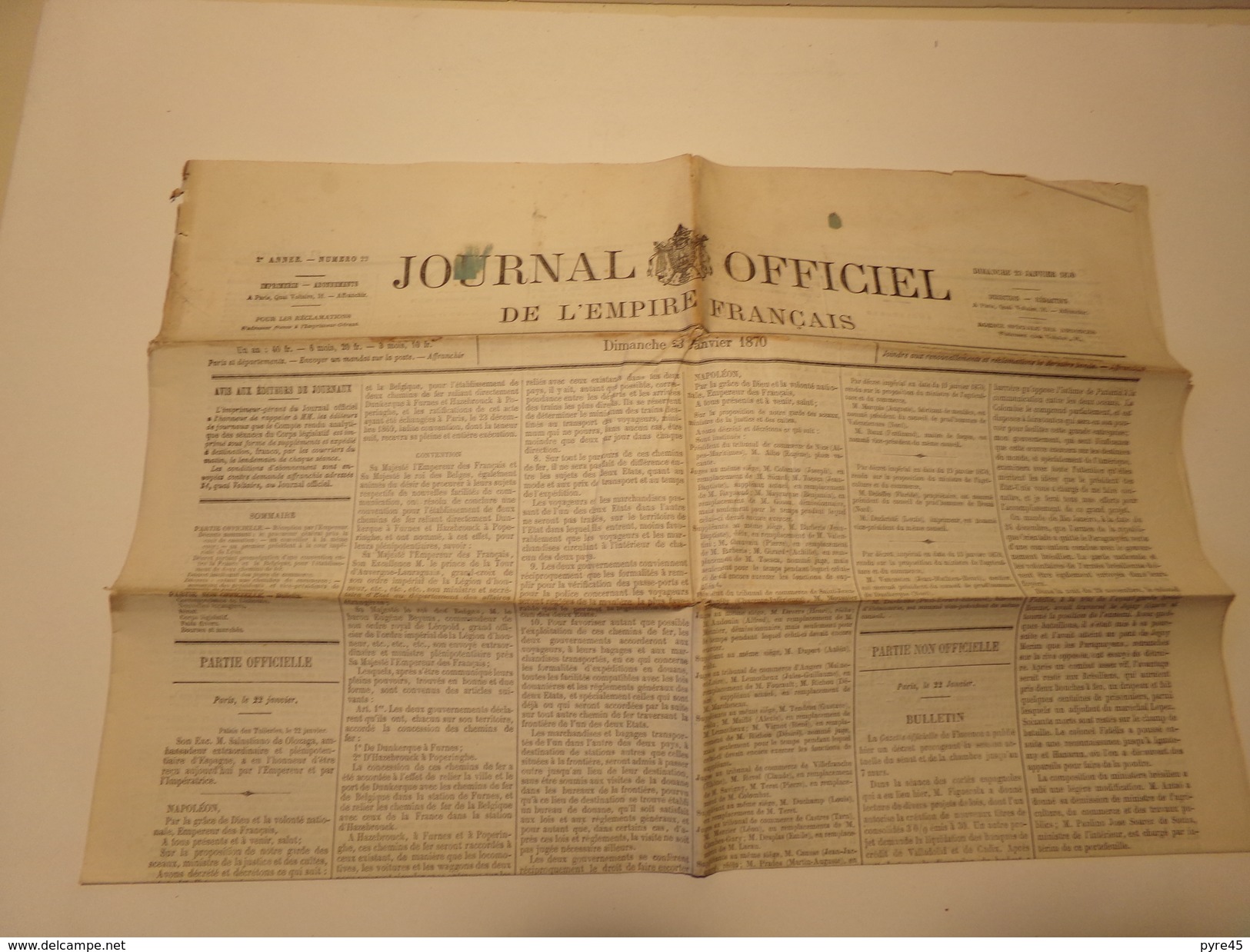 Journal Officiel De L'empire Français N° 22 Du Dimanche 23 Janvier 1870 ( 40 Gr ) - 1850 - 1899