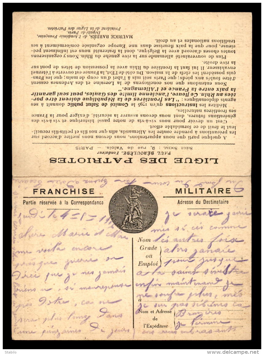 GUERRE 14/18 - CARTE DE FRANCHISE MILITAIRE DOUBLE - LIGUE DES PATRIOTES AVEC CARTE DU FRONT - Lettres & Documents