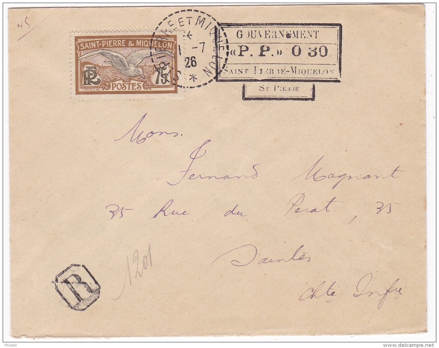 St Pierre Et Miquelon N°90 Sur Lettre Datée Du 1-7-26 Rec +"PP030" - Briefe U. Dokumente