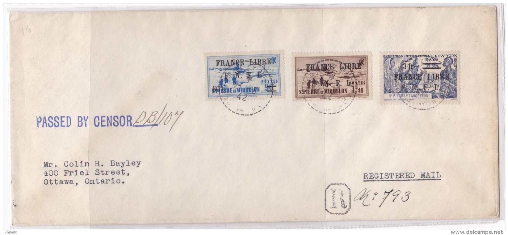 St Pierre Et Miquelon N°276-265-284 Sur Env. Rec. Datée Du 21-3-42 Pour Ottawa (Ontario) - Covers & Documents